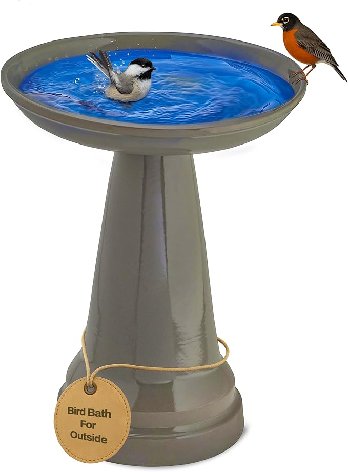 Birds Choice Ohio Stoneware Bird Bath | Pedestal Bird Bath, Stable Locking Top | Weather-Resistant Ceramic Clay, Glazed Finish | Outdoor Garden & Patio Decor | 22" H x 17" D, Gray-VerdiqueGarden