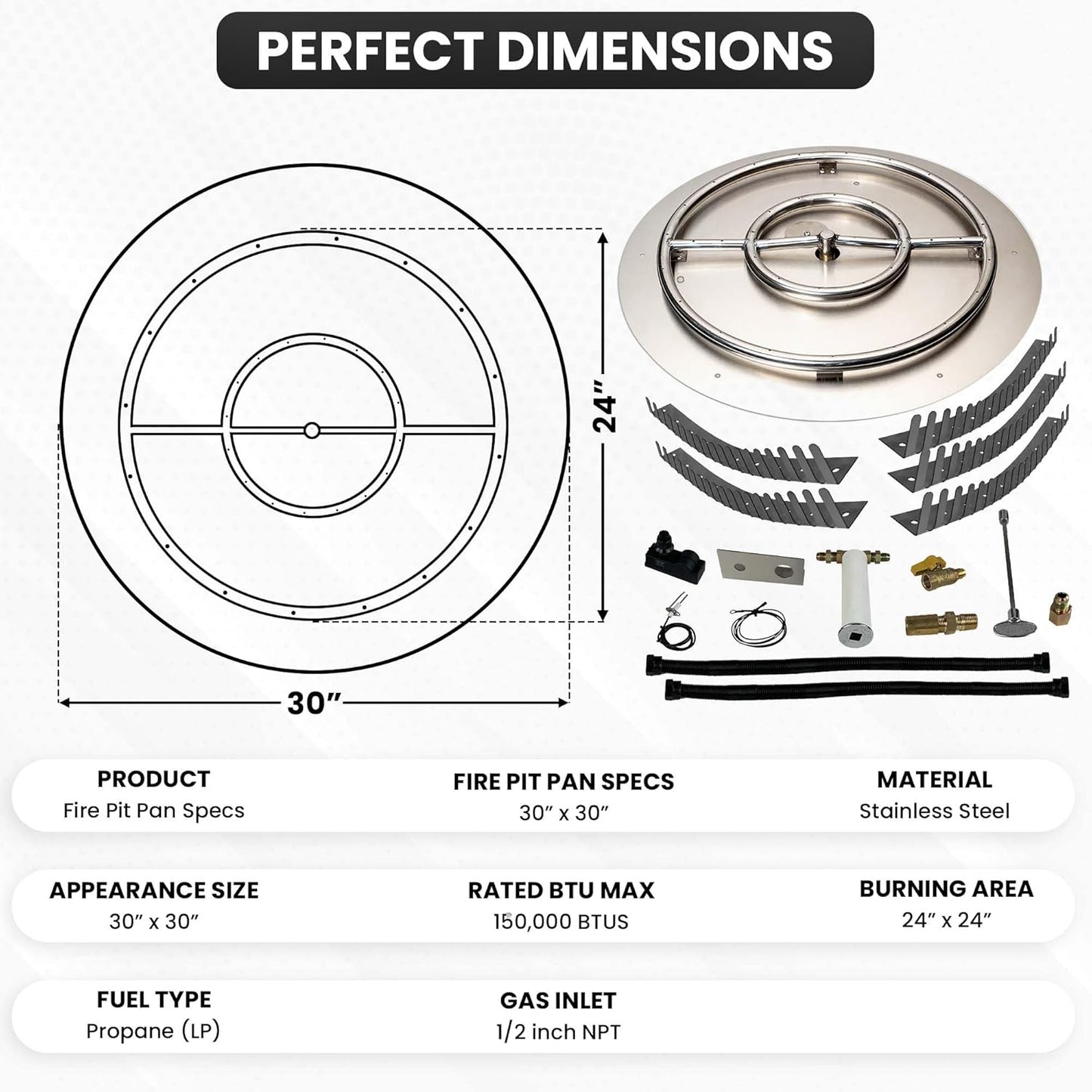 Stainless Steel Fire Pit Burner Pan & Ring Pro Kit for Liquid Propane, 30-Inch Pan, 24-Inch Ring, 150,000 BTU Max-VerdiqueGarden