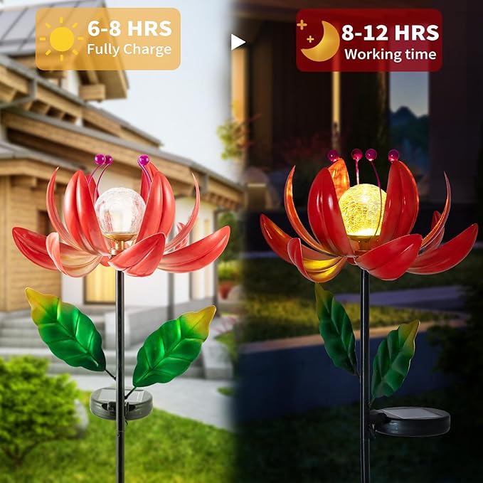 Solar Lights Outdoor Garden Decor, Solar Wind Spinner Yard Decorations for Outside, Lotus Windmill Pathway Lights with LED Cracked Crystal Ball Waterproof Flower Sculpture for Patio Lawn Garden Gifts-VerdiqueGarden