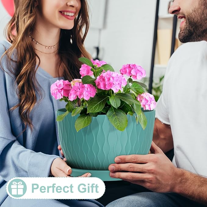 12 Inch Large Plant Pots for Indoor or Outdoor Plants, Wide Water Ripples Flower Pots with Drainage Holes & Saucer, Plastic Planters Set for Garden & Home Decor (Blue Green)-VerdiqueGarden