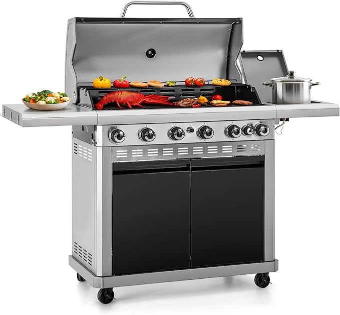 Captiva Designs 6-Burner Propane Gas BBQ Grill with Side Burner & Porcelain-Enameled Cast Iron Grate and Plate for Outdoor Barbucue Events, 52,000 BTU Output,740 SQ.IN. Cooking Area，Heavy Duty-VerdiqueGarden