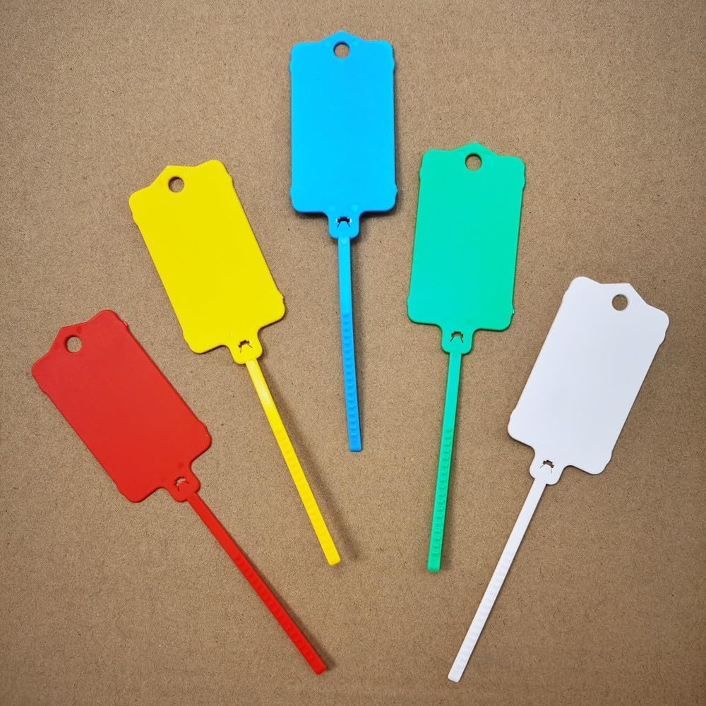 100pcs Reusable Blank Plastic Tags Ties Key Tags 1.45"*2.48" Serrated Tension Sealing Strap with Large Label Plastic Tie Mark Label Waterproof Hang Sign Write on Tag (5 Colors Mixed, 100pcs)-VerdiqueGarden