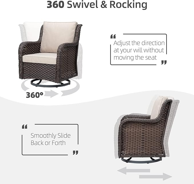 Towallmark Outdoor Swivel Wicker Glider Patio Chairs with Table Set, 3 Pieces Outdoor Bistro Set with 4”Thick Cushions and Coffee Table for Porch, Balcony, Deck (Beige)-VerdiqueGarden