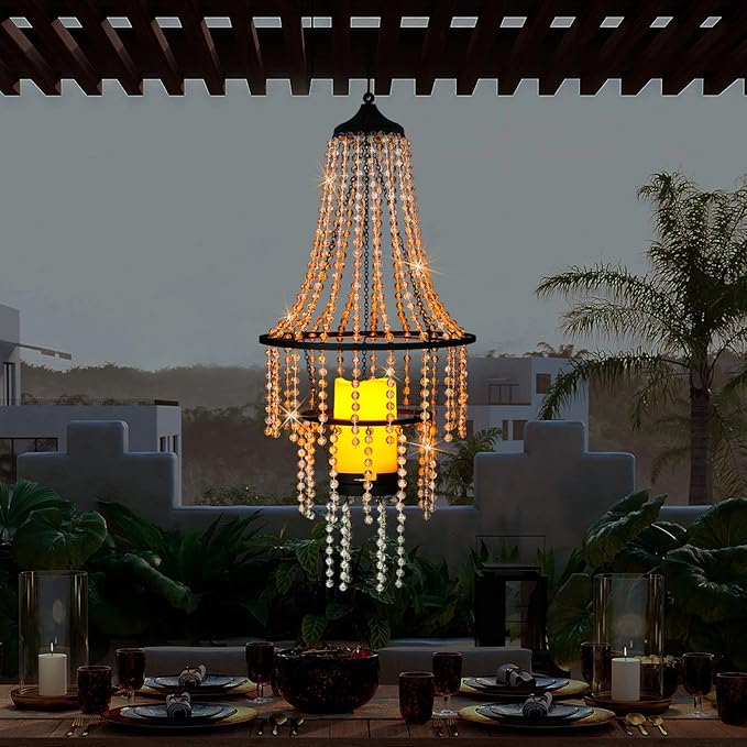 Battery Operated Hanging Chandelier Outdoor Indoor, 28” Modern Acrylic Crystal Hanging Beaded Lantern with Led Candle Light, Pendant Lights Decor for a Gazebo, Garden, Backyard, Patio, Balcony, Porch-VerdiqueGarden
