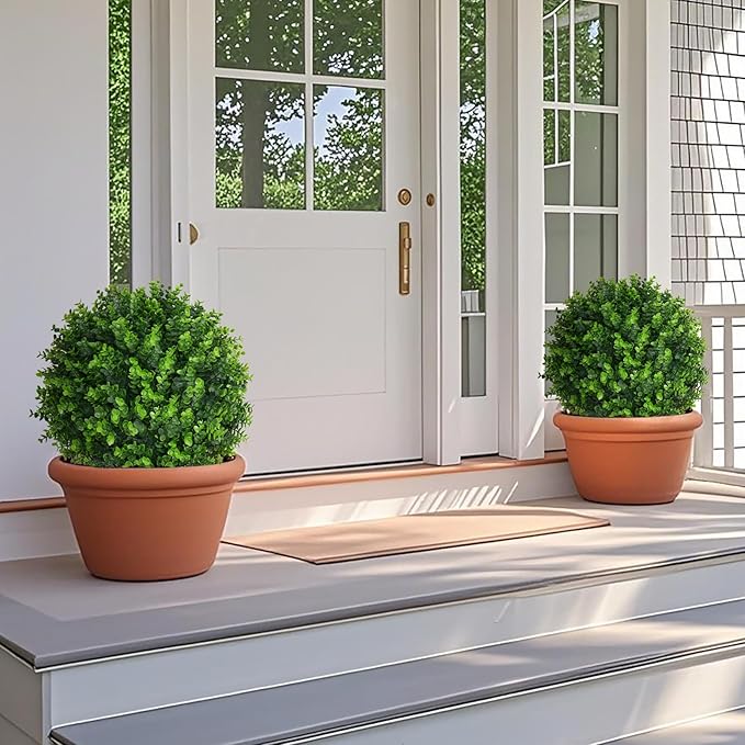 Artificial Topiary Tree with Eucalyptus, Set of 2 Artificial Shrub Bushes with Ground Spike, Fake Evergreen Tree for Porch, Artificial Plants for Outdoor Planters Indoor UV Resistant-VerdiqueGarden