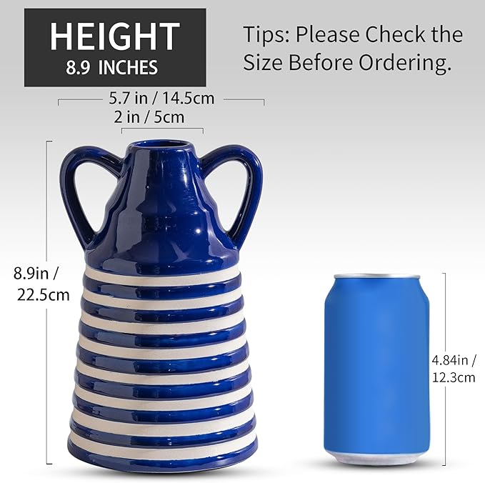 Ceramic Blue and White Checkered Stripes Vase with Handles, Modern Bohemian Floral Navy Blue Vases for Centerpieces, Cottage Core Home Decor, Flower Vases for Bouquet Tabletop Kitchen Bookshelf 8.9 In-VerdiqueGarden