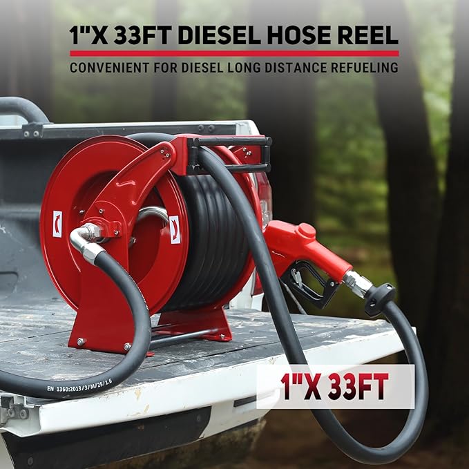 Fuel Hose Reel, 1" x 33' Retractable Diesel Fuel Heavy-duty Steel Construction with Refueling Nozzle, 300 PSI Diesel Reel Used for Aircraft Ship Vehicle Tanker Truck-VerdiqueGarden