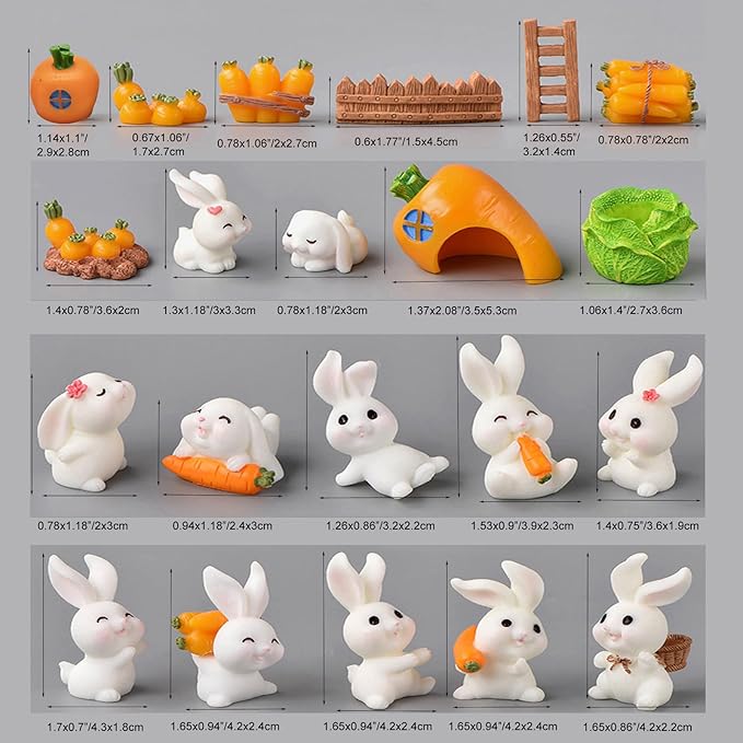 21Pcs Mini Rabbit and Carrot Figurines 1inch Cute Resin Bunny Cake Toppers for DIY Fairy Garden Dollhouse Moss Landscape Crafts Easter Decors-VerdiqueGarden