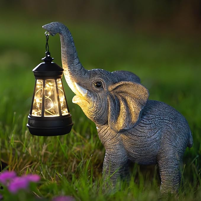 Solar Garden Statue Lights Elephants Figurine with Solar Lantern, Outdoor Yard Decorations for Patio Porch Home, Christmas Elephant Gifts for Women - Unique Housewarming Gifts-VerdiqueGarden