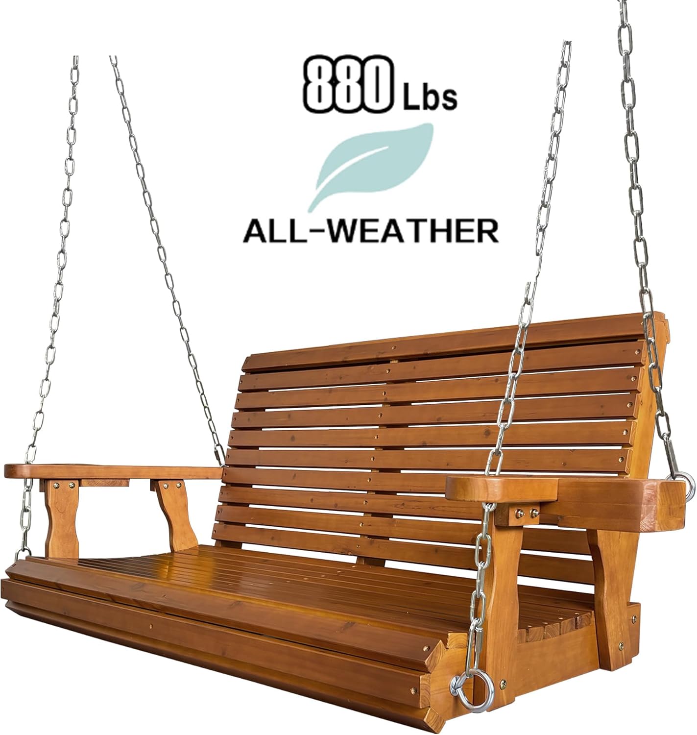 Wooden Porch Swing 2-Seater, High Backrest and Deep Seat, Bench Swing with Cupholders, Hanging Chains and 7mm Springs, Heavy Duty 880 LBS, for Outdoor Patio Garden (Cedar Tone - 4 FT Extra Large)-VerdiqueGarden