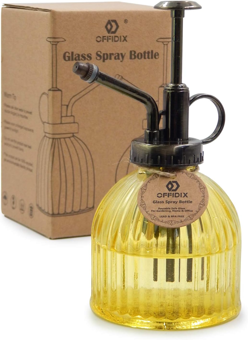 OFFIDIX Glass Watering Spray Bottle, 6.3" Tall Vintage Style Decorative Plant Atomizer Watering Can Pot with Bronze Plastic Top Pump for Indoor Potted Plants(Yellow)-VerdiqueGarden