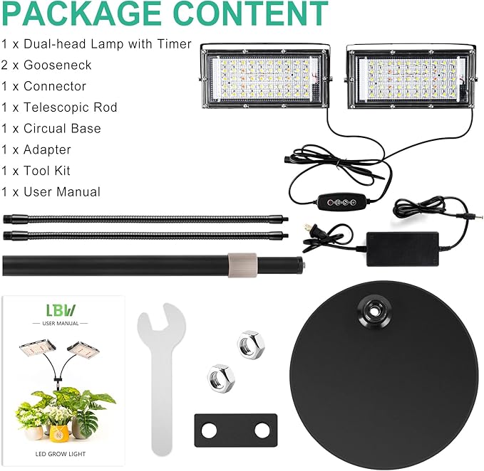 LBW Plant Grow Light, Full Spectrum Dual Heads Desk Plant Light for Indoor Plants, Growing Lamp with 3H/6H/12H Timer, 6-Level Brightness, 3 Lighting Modes, Height Adjustable, Ideal for Indoor Growth-VerdiqueGarden
