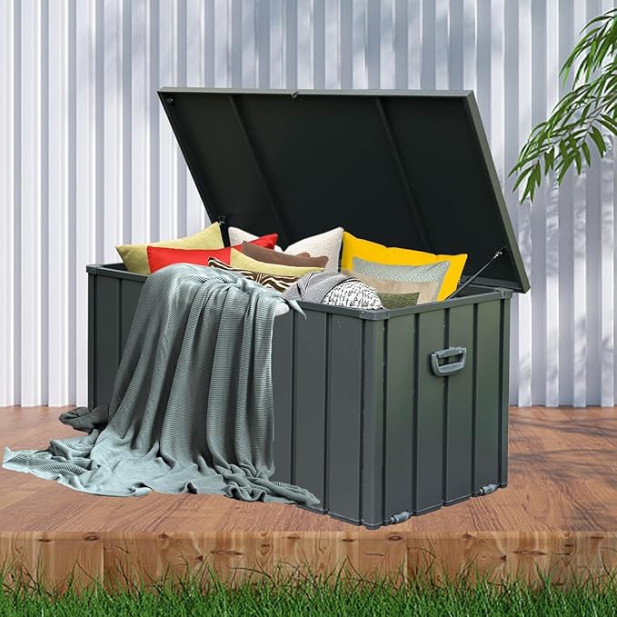 Domi Deck Box Outdoor 150 Gallon, Waterproof Lockable Steel Outdoor Storage Container for Outside Cushions, Garden Tools and Pools Equipment, Gray-VerdiqueGarden