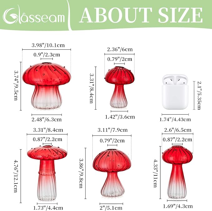 Glasseam Mushroom Plant Propagation Stations: Red Glass Terrarium Jar Set of 10 Cute Planters for Indoor Plants Mini Propagate Station Unique Christmas Birthday Gifts for Women Home Office Decor-VerdiqueGarden