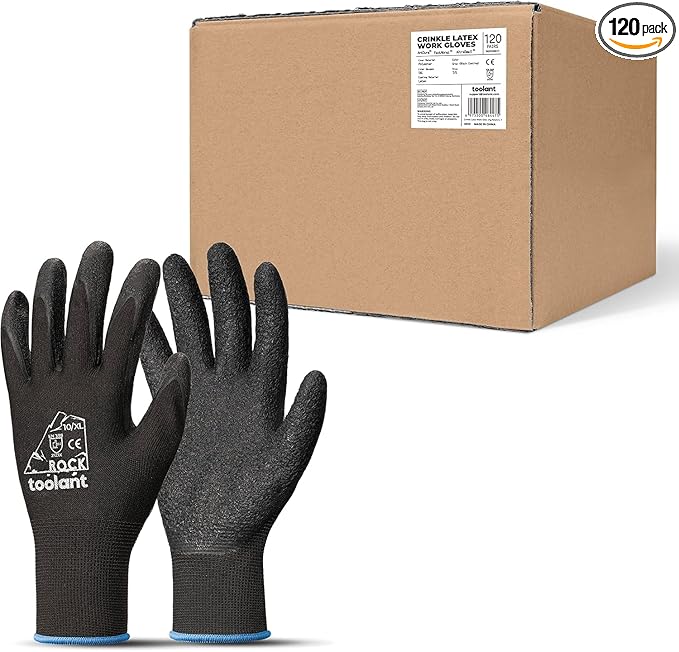 toolant Crinkle Latex Work Gloves Bulk, Rubber Coated Safety Work Gloves for Men and Women, 120 Pairs for Construction, Gardening, Warehouse (Black, XL)-VerdiqueGarden