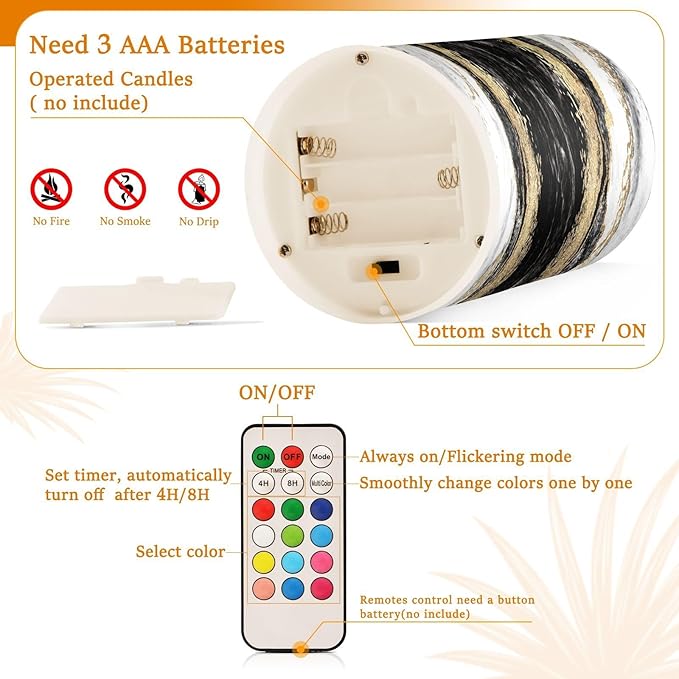 Flickering Flameless Candles, Black White Marble Gold Veins LED Candles with Remote Timer, Set of 2 Battery Operated Candle for Valentine Wedding Birthday-VerdiqueGarden