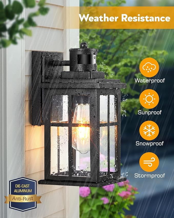 Motion Sensor Outdoor Lights, 2 Pack Outside Light Fixture Dusk to Dawn, Black Outdoor Motion Sensor Light, Anti-Rust Exterior Light Fixture for House, Garage, Doorway, Porch, 100% Aluminum-VerdiqueGarden