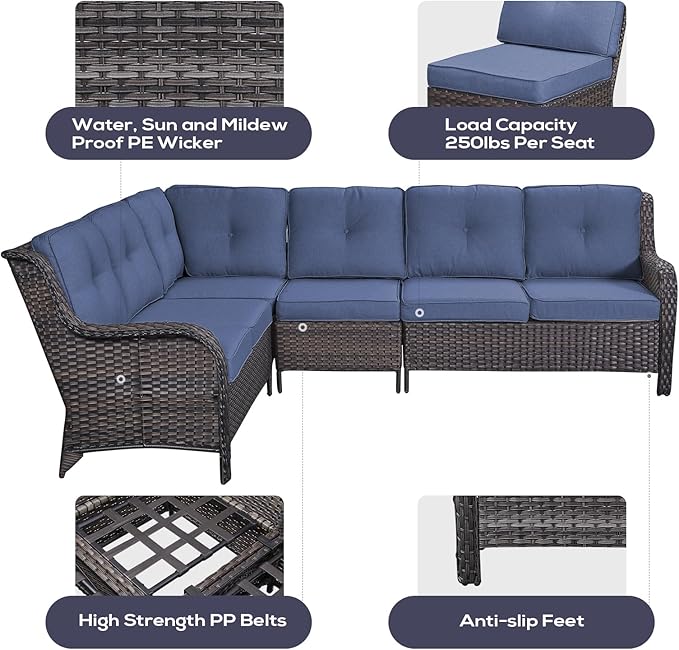 Outdoor Furniture Sectional Sofa L Shaped Couch - Patio Wicker Set with 2 Swivel Glider Chairs, 5 Piece Rattan Patio Conversation Sets with Blue Cushion for Deck Backyard Sunroom-VerdiqueGarden
