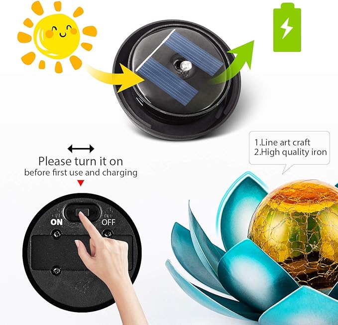 Huaxu Solar Light Outdoor Garden Decor Blue Metal Crackle Globe Glass Waterproof LED Lotus Flower Table Lamp Decorations for Patio Yard Porch Pathway Ground-VerdiqueGarden