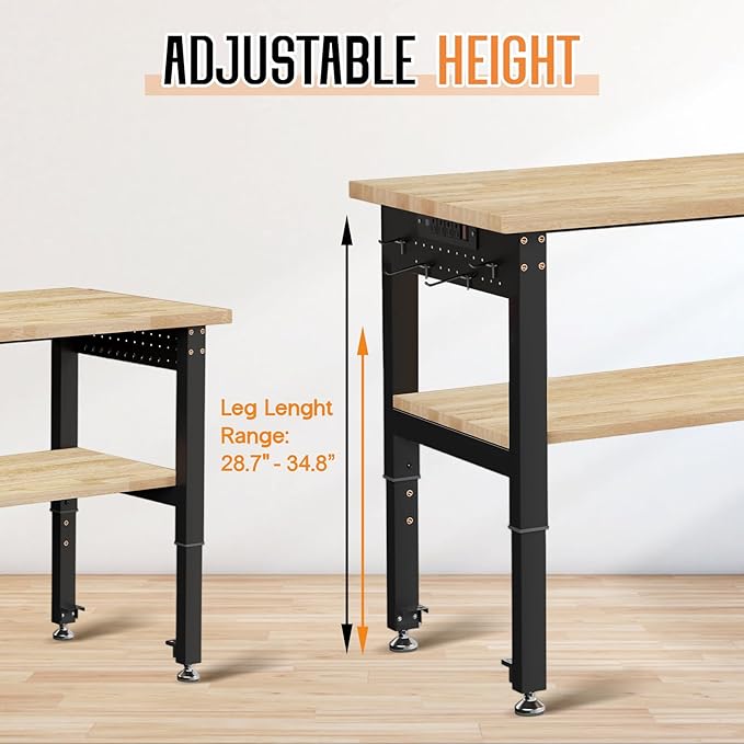 Albott 84" Adjustable 2-Tier Workbench with Solid Wood Top, Max 2000lbs Capacity, Built-in Power Strip with 4 AC Outlets & 2 USB Ports, Pegboard & 20 Hooks, Shop Garage Office-VerdiqueGarden