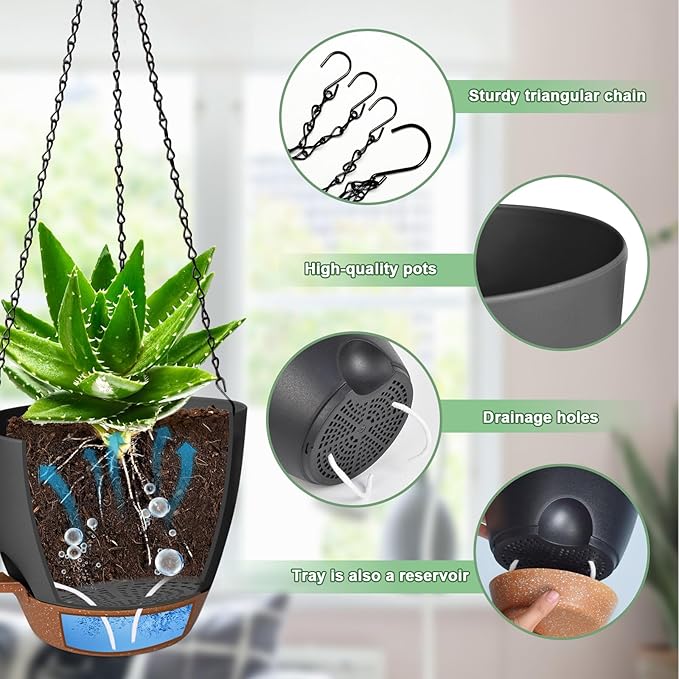 10/9/8 Inch Hanging Planter for Indoor Outdoor Plants, 3 Pack Self-Watering Hanging Pot with Drainage Holes Hanging Planter Baskets Plant Pots with Removable Tray (Black+Brown)-VerdiqueGarden