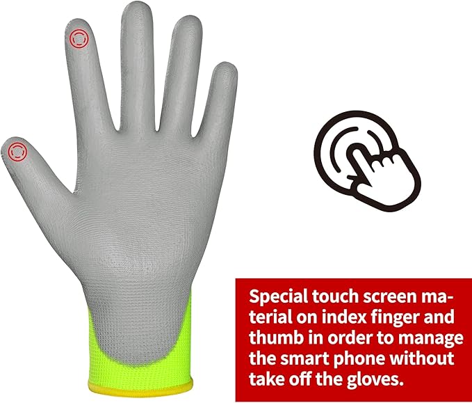 DULFINE Safety Work Gloves PU Coated for Men and Women-12 Pairs,Hi-Vis Seamless Knit Glove with Two Fingers Touchscreen,Ideal for General Duty Work (Extra Large)-VerdiqueGarden
