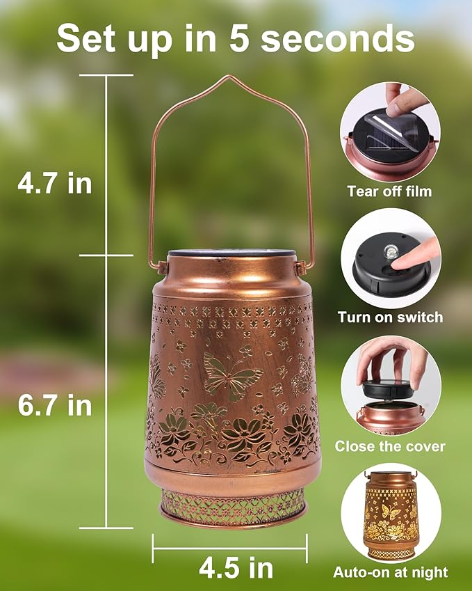 Butterfly Solar Lanterns Outdoor Waterproof, Garden Decor Birthday Gifts for Women Mom Grandma Sister, Metal Hanging Solar Lights Outside Decorative for Yard Patio Backyard Deck Porch Decorations-VerdiqueGarden