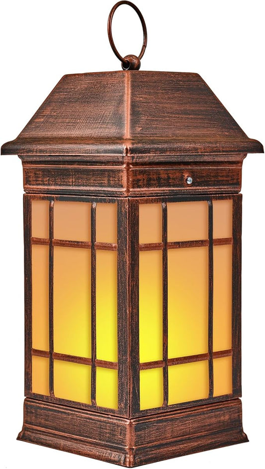 14" Solar Lantern Outdoor Waterproof, Glass Flickering Flame Solar Lanterns, Hanging Metal Lantern Decorative for Patio Front Porch Garden Backyard Tabletop Party Decoration-VerdiqueGarden