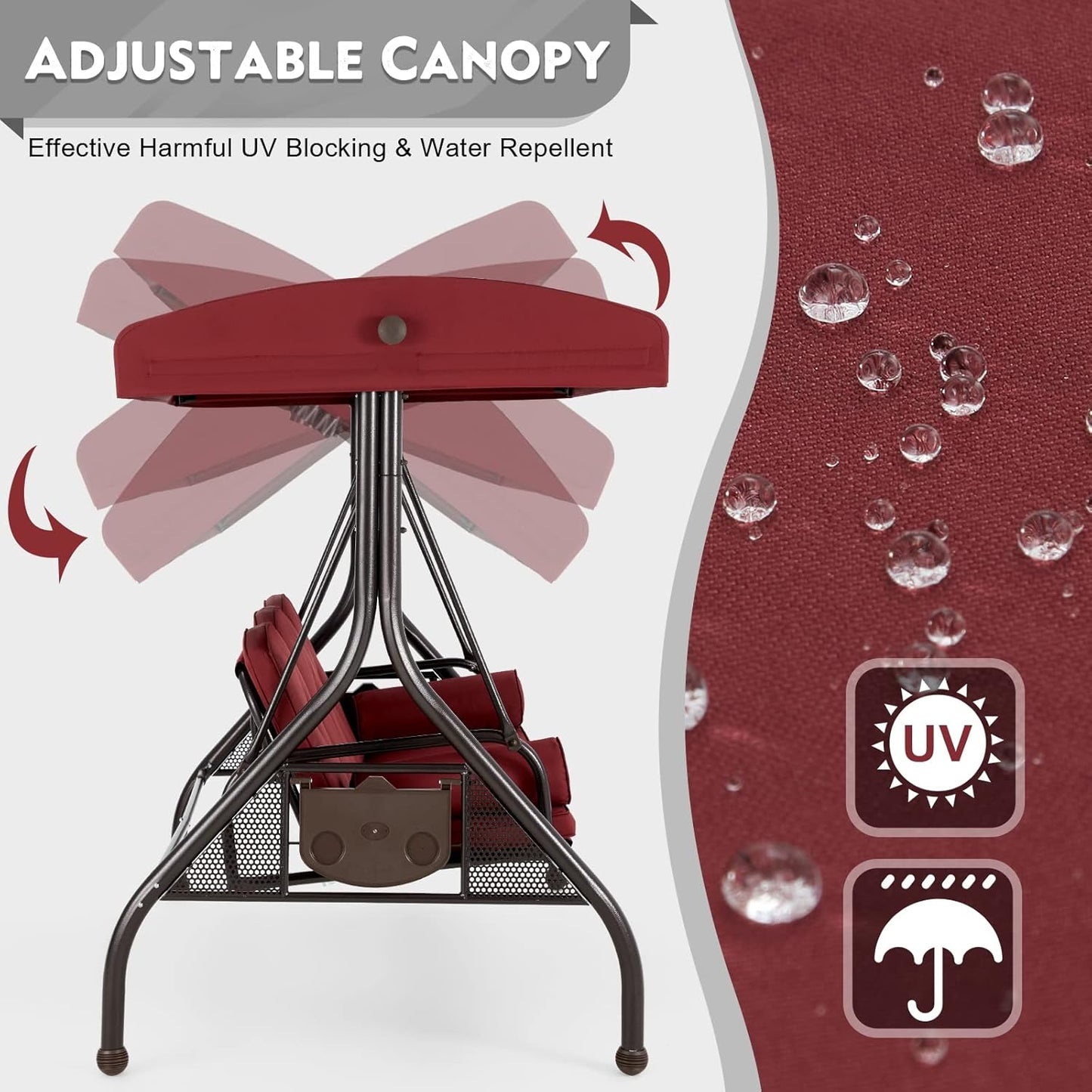 HOMREST 3 Seat Outdoor Porch Swing with Adjustable Canopy, Convertible Patio Swing Bed with Stand, Patio Glider Swing with Upgraded Cup Holder, Thicken Cushions ＆ Pillow for Backyard (Wine Red)-VerdiqueGarden