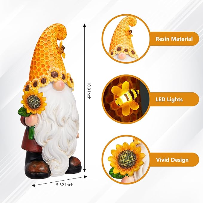 Garden Gnomes Outdoor - Sunflower Gnome Statue with Solar LED Lights for Yard, Patio, Lawn Ornaments - Best Garden Gifts for Mothers Day, Housewarming, Festival-VerdiqueGarden