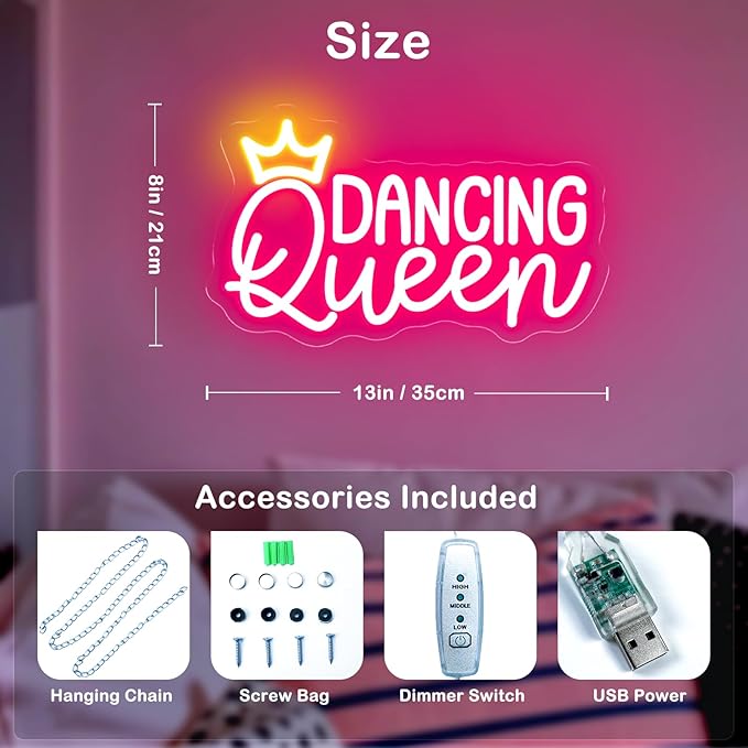 Dancing Queen Neon Sign, Dimmable LED Neon Lights for Wall Decor Neon Light Up Signs for Bedroom Dancing Party Bar Club Birthday Party Decoration Gift for Girl Kid lover-VerdiqueGarden