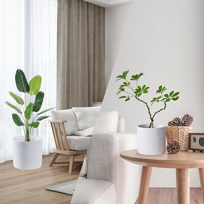 11 Inch Pot for Plants, Large Cement Planter with Drainage Hole, Mid-Century Modern Concrete Flower Pots for Home Decor, Office & Outdoor (White)-VerdiqueGarden