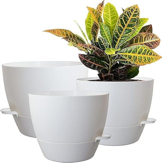 10/9/8 inch Self Watering Pots, Set of 3 Plastic Planters with Mesh Drainage Holes and Deep Reservoir for Indoor Outdoor Garden Plants and Flowers, White-VerdiqueGarden