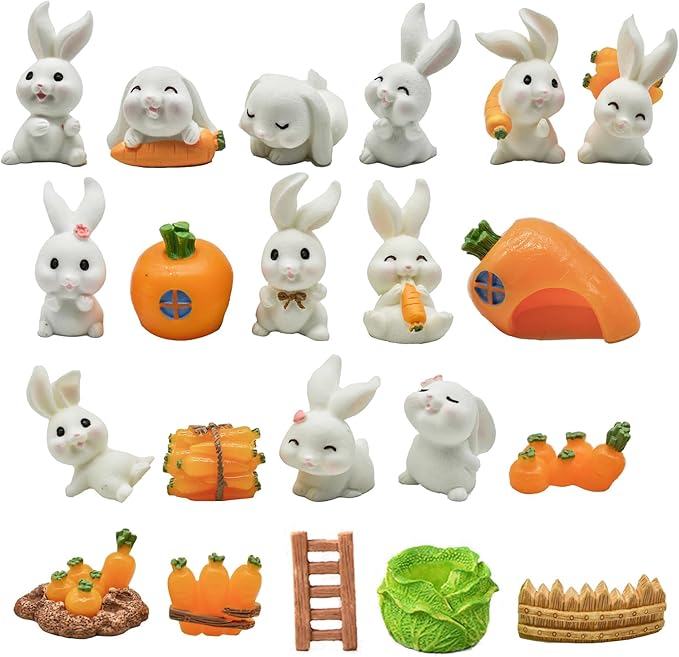 21Pcs Mini Rabbit and Carrot Figurines 1inch Cute Resin Bunny Cake Toppers for DIY Fairy Garden Dollhouse Moss Landscape Crafts Easter Decors-VerdiqueGarden