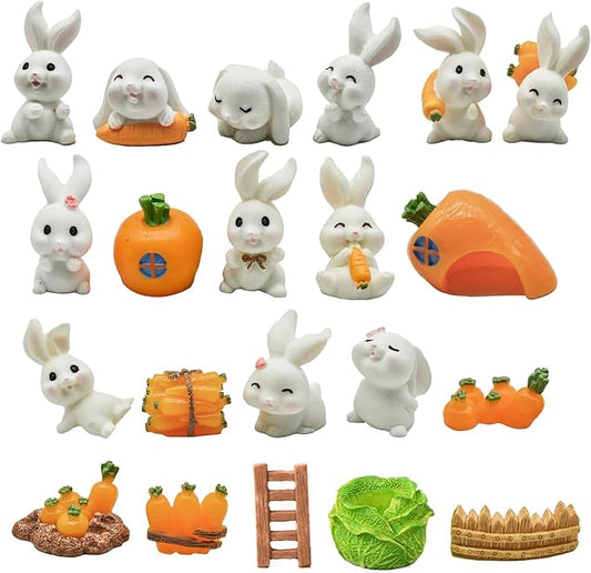 21Pcs Mini Rabbit and Carrot Figurines 1inch Cute Resin Bunny Cake Toppers for DIY Fairy Garden Dollhouse Moss Landscape Crafts Easter Decors-VerdiqueGarden