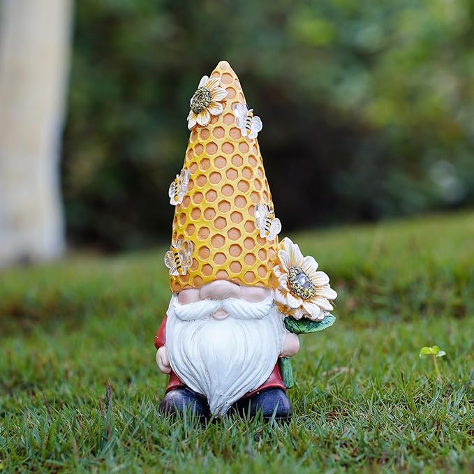 Garden Gnome Statue Solar Powered with Glowing Bees Sunflower Outdoor Funny Resin Figurine Decorations for Patio Yard Lawn Porch Housewarming Ornament Gift-VerdiqueGarden