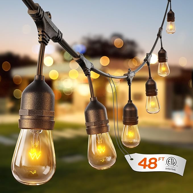 addlon 48 FT Outdoor String Lights Commercial Grade Weatherproof Strand, 18 Edison Vintage Bulbs, 15 Hanging Sockets (3 Spare Bulbs), ETL Listed Heavy-Duty Decorative Christmas Lights for Patio Garden-VerdiqueGarden