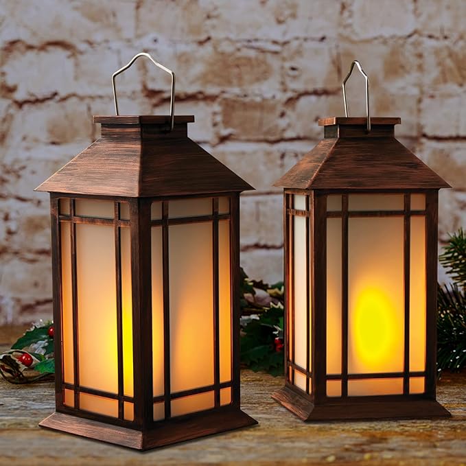 2-Pack 13" Vintage Candle Lantern with Led Flameless Candle (6hr Timer) - IP65 Waterproof Battery Powered - Outdoor Patio Hanging Lanterns Decorative Tabletop Lanterns-VerdiqueGarden