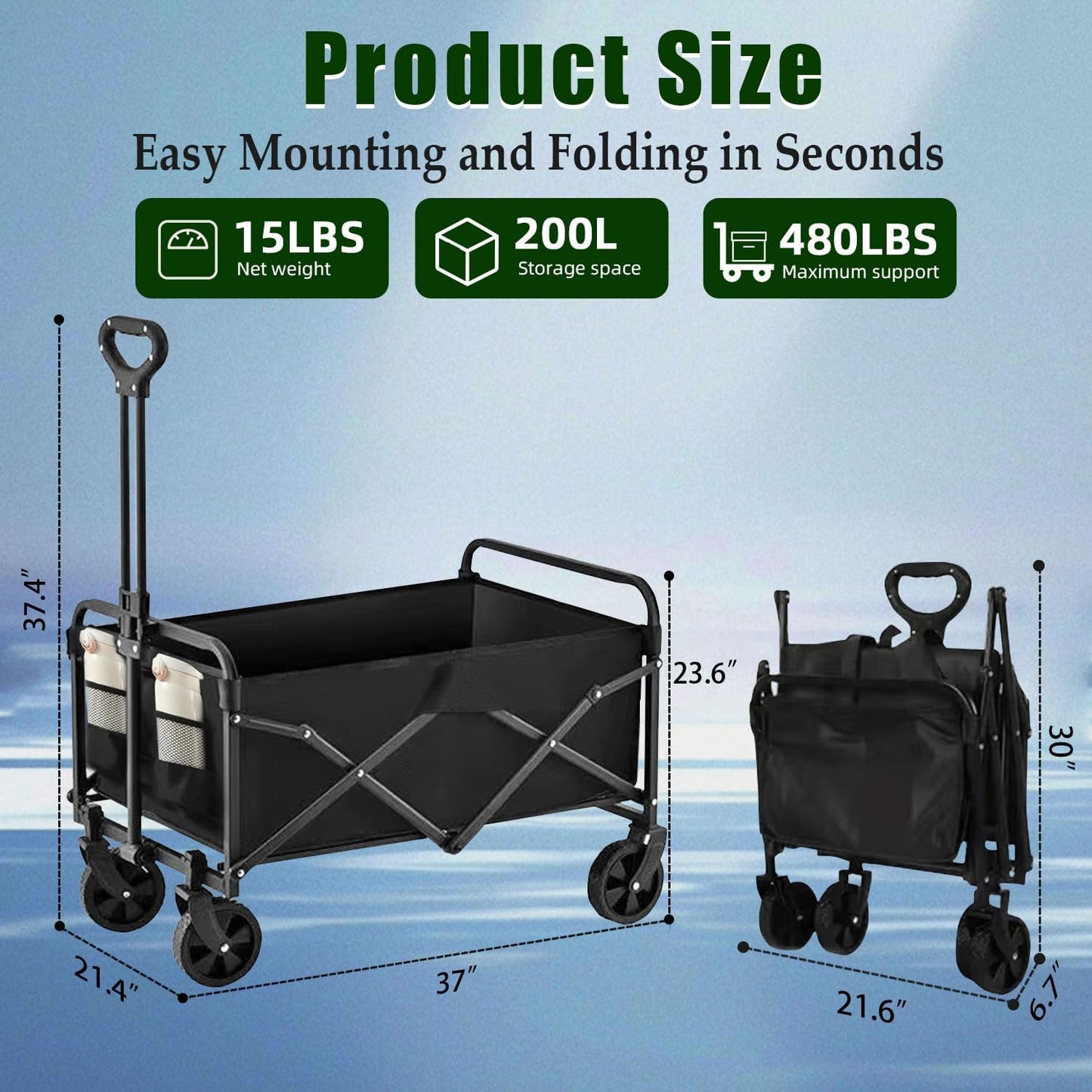 Collapsible Wagon Cart Foldable 37" L 480lbs Capacity, Heavy Duty Beach Wagon, Shopping Carts with Wheels for Grocery, Camping, Shopping, Beach, Fishing, Garden Cart-VerdiqueGarden
