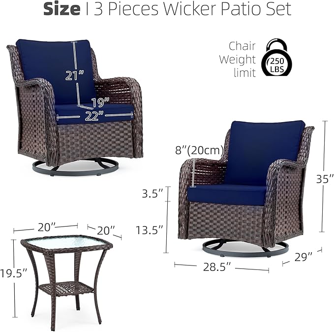 Towallmark Outdoor Swivel Wicker Glider Patio Chairs with Table Set, 3 Pieces Outdoor Bistro Set with 4”Thick Cushions and Coffee Table for Porch, Balcony, Deck (Blue)-VerdiqueGarden