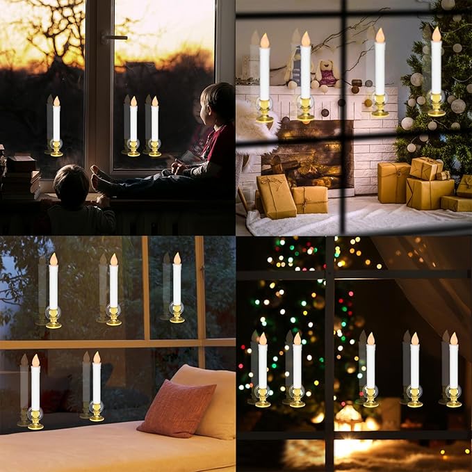 DRomance 9" Flameless Window Taper Candles Battery Operated with 8-Key Remote and Timer, 4 Pack White Christmas Holdiay Window Candles with Gold Holders, Suction Cups and AA Batteries Included-VerdiqueGarden