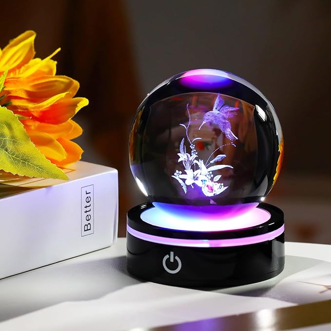 YWHL 3D Hummingbird Figurine Crystal Ball with Light Base, Hummingbird Gifts for Women Men on Christmas Birthday, 3D Laser Engraved Hummingbird Ornament Glass Decorative Ball for Home Office (80mm)-VerdiqueGarden