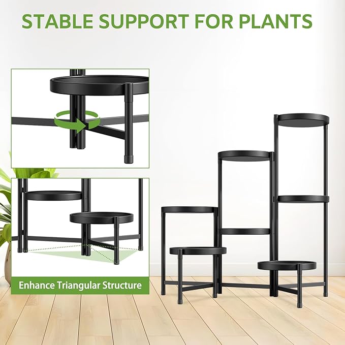 iDavosic.ly 7 Tier Large Plant Stand Indoor with 10 Inch Wide Tray, Tiered Corner Metal Outdoor Flower Display Holder Shelf, Folding Tall Rack for Patio Porch Living Room, Modern Black-VerdiqueGarden