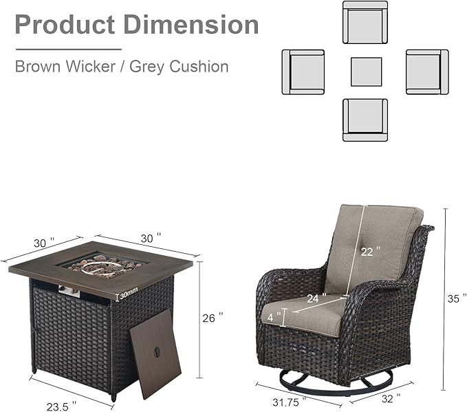 5 Pieces Patio Wicker Furniture Set - 4 Outdoor Swivel Rocker Glider Chairs with Propane Fire Pit Table, Warm Patio Conversation Set Grey Cushion Perfect for Casual Gathering-VerdiqueGarden