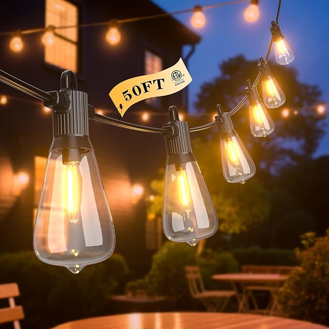 FOOMAN LED Outdoor String Lights, 50FT Outside Waterproof Patio Lights with 25+2 Shatterproof ST38 Edison Bulbs, 2700K Warm White Hanging Light, Dimmable Light for Backyard Garden Bistro Party-VerdiqueGarden