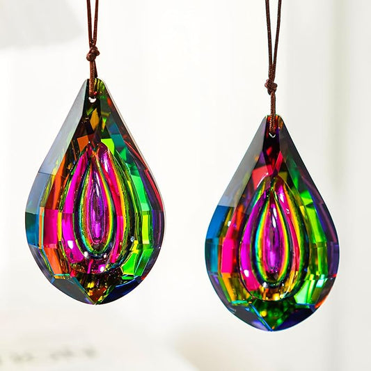 HDCRYSTALGIFTS Set 2 Crystal Prisms Suncatchers for Windows,76mm Rainbow Sun Catcher Glass Hanging Prisms Suncatcher Pendant for Home Garden Decor (Single Face Colorful)-VerdiqueGarden