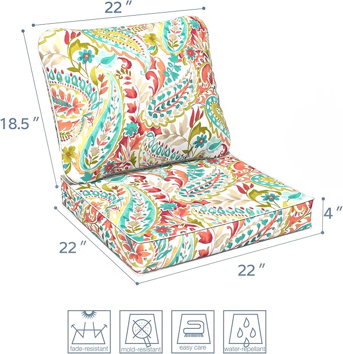 LVTXIII Outdoor Deep Seat Cushion Patio Seat and Back Cushion Set Seasonal Chair Cushion with Removable Cover and Adjustable Buckle for Home and Garden, 22"x22"x4", Pretty Paisley-VerdiqueGarden