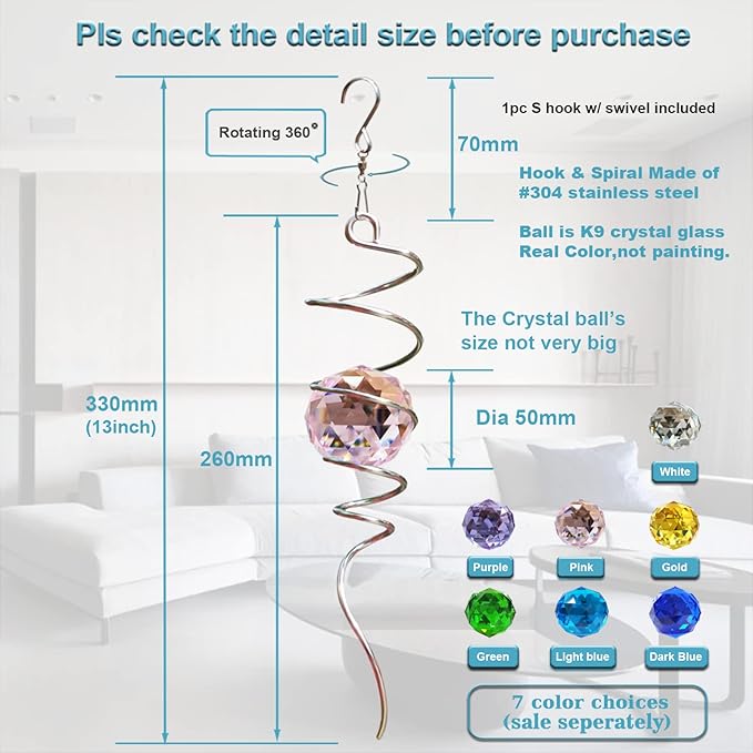 FONMY Gazing Ball Spiral Tail -Decorative Wind Spinner Sun Catcher Rainbow Maker 11 inch Tail and 2 inch Pink Crystal Orb. Indoor Outdoor Garden Decoration -13 inch Height-VerdiqueGarden