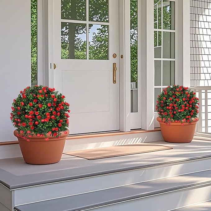 Artificial Boxwood Topiary Tree with Rose, Set of 2 Artificial Shrub Bushes with Ground Spike, Fake Evergreen Tree for Porch, Artificial Plants for Outdoor Planters Indoor UV Resistant-VerdiqueGarden