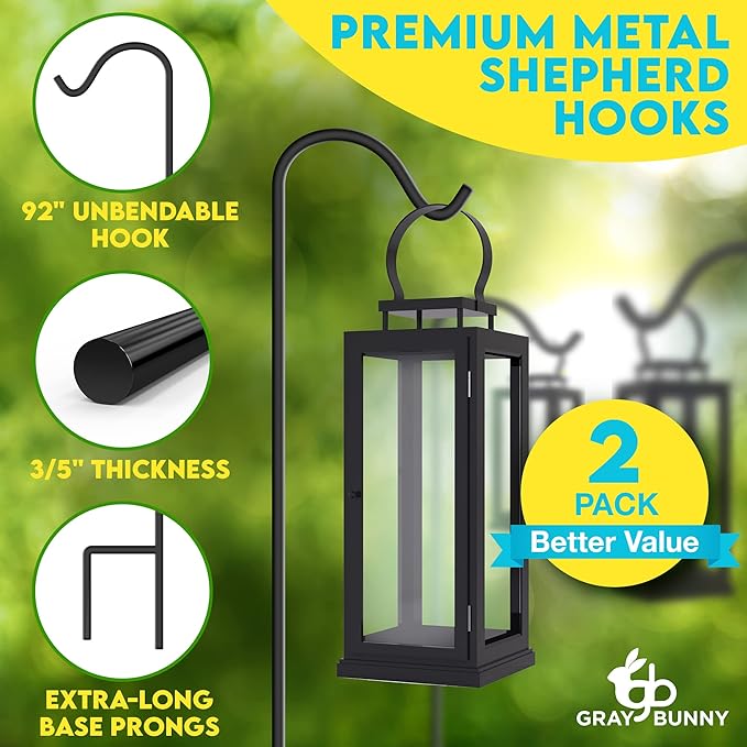 Gray Bunny 92" Shepherds Hooks for Outdoor 2 Pack, Thick Bird Feeder Pole, Hanging Plant Stand, Shepherds Hook for Bird Feeder, Non-Hollow, Non-Adjustable, Extra Long Base Prongs-VerdiqueGarden